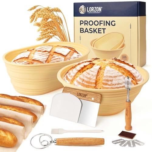 Lorzon Banneton Gärkörbe aus Silikon, 2 Stück, 22,9 cm rund und 25,4 cm oval, mit Sauerteig-Brot-Backzubehör