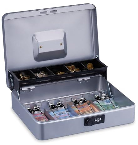 Relaxdays Geldkassette, 3-stellige Zahlenkombination, Münzeinsatz & 4 Scheinfächer, abschließbare Geldkasse, Silber