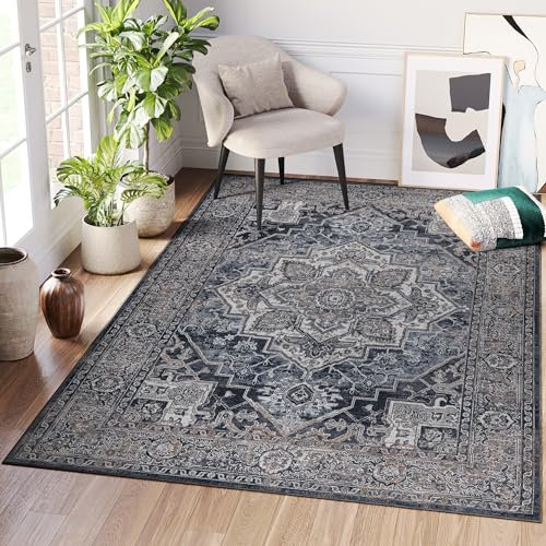 TAPISO Ritz Teppich Kurzflor Marineblau Grau Vintage Waschbarer Teppich rutschfest Dünn Indoor Wohnzimmer Schlafzimmer ÖKO-TEX 120 x 170 cm