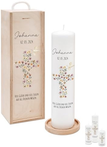 Bärenfreunde® - Personalisierte Taufkerze mit Spezial-Druck (M, L, XL) - ohne Ruß-Bildung - mit Holzkiste oder Untersetzer - Taufe Geschenk, Geschenk zur Geburt (M Kerze)
