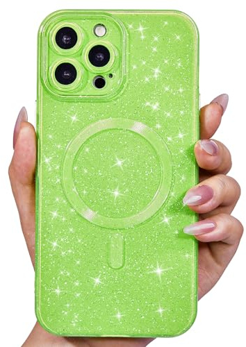 Svanove Glitter Case for iPhone 15 Pro Phone Case Magnetic Compatible with Magsafe, Sparkle Bling Shiny Cute Girly Design, Aesthetic Slim Soft TPU Mag Cover for Women Girl, Neon Green