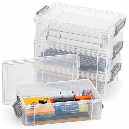 Winter Shore Scatole Impilabili Plastica per Materiale Scolastico (4 Pezzi) - Scatole Plastica Organizer Scuola - Astuccio Scuola - Scatole Plastica con Coperchio Piccole - Scatole Plastica Impilabili