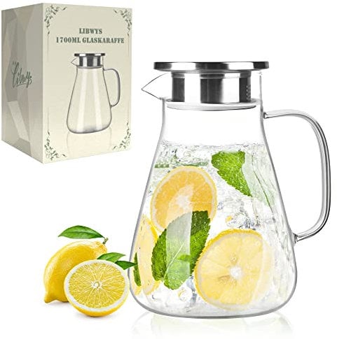 LIBWYS 1700ml Glass Pitcher with Lid, Water Carafe Borosilicate Glass, Heat Resistant jug for DIY Beverages, Juice, Hot/Cold Tea, Milk