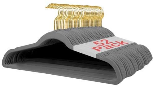 Wellong 52 Piezas Perchas de Terciopelo, Perchas para Ropa de Adultos de 45cm, Perchas Antideslizantes con Muescas en los Hombros, Ahorro de Espacio para la Ropa Gris (Gancho de Oro)