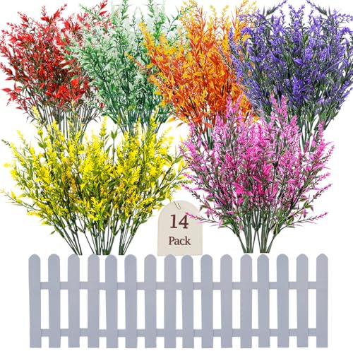 Sredumn 14 Bundles Artificial Flowers, outdoor artificial plants,UV Resistant Plastic Shrub Artificial Lavender, for outside, garden, hanging, basket, fence, window, trellis decoration