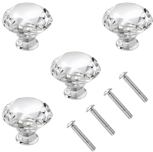 QINCAWIN 4 Pcs 30mm Crystal Glass Door Knobs,Drawer Handles,Wardrobe Handles for Cabinet Wardrobe Home Decoration,Transparent Silver Base