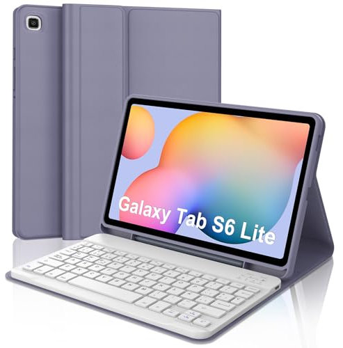 WAVATA Funda con Teclado para Samsung Galaxy Tab S6 Lite 10.4, Tecla España Ñ para Galaxy Tab S6 Lite 10.4'',Bluetooth Desmontable Teclado para Samsung Tablet S6 Lite-Lavanda