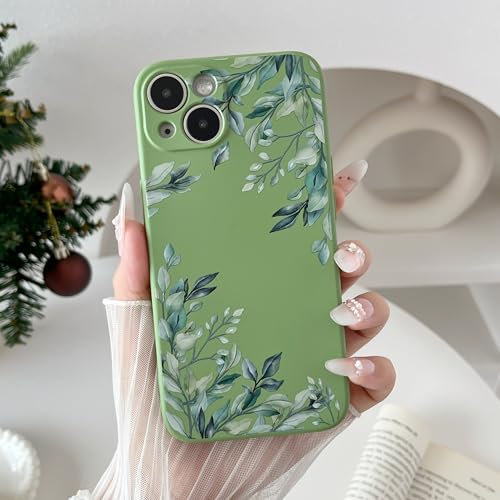 RALEAVO Flower Case for iPhone 13 Pro Max, Liquid Silicone Shockproof Protection Case Cover for Girls Women with Aesthetic Cute Floral Patterns Soft Slim Phone Case for iPhone 13 Pro Max-Green/Leaves