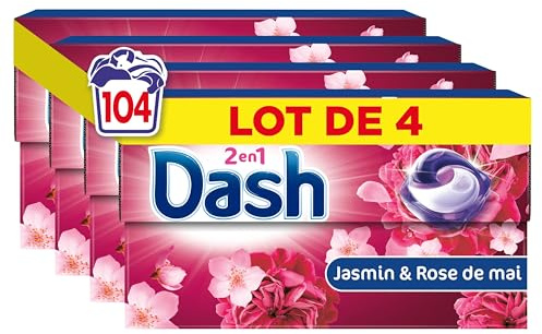 Dash 2en1 PODS, Lessive En Capsule, 104 Lavages (4 x 26 Lavages), Jasmin Et Rose De Mai, 3 SEMAINES DE FRAÎCHEUR* AVEC L’ADOUCISSANT LENOR, Fabriquée En France, Dash 2in1