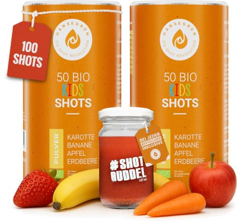 Hansegrün - 2x Bio Kids Shots (50 Stk.) - Täglicher Allrounder | Für das Immunsystem¹, Zähne² & Knochen³ - Superfood-Pulver mit Gemüse, Früchten & Beeren - 100% echte Zutaten