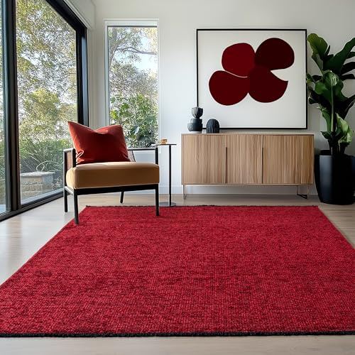 HomebyHome Baumwolle Teppich Rot 120x170 cm - Waschbar, Boho-Stil, Vintage Kelim, Kurzflor, rutschfest & Weich, Einfarbig Meliert, Für Wohnzimmer, Schlafzimmer, Büro & Küche