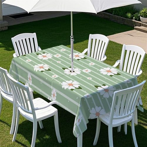 Chickwin Tovaglia Rettangolare con Foro per Ombrellone e Cerniera, Stampa Floreale Tovaglia da Esterno Antimacchia Impermeabile per Tavolo da Giardino, Barbecue, Feste (Strisce Verdi,210x150cm)