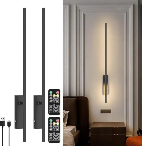 Aipsun 5000 mAh Lampe murale d'intérieur Batteria dimmable,2PCS Appliques murales sans fil avec télécommande,Lampe murale à batterie rechargeable pour salon,3000K-6000K,64 cm,5W,Noir