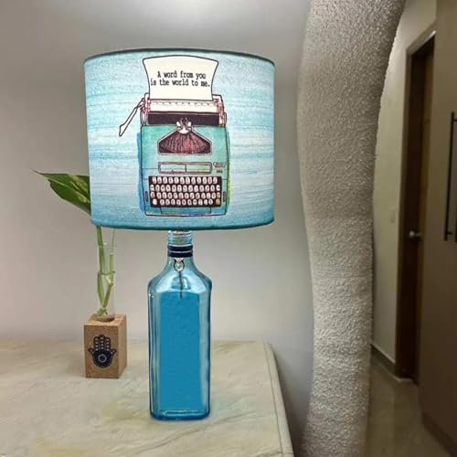 GoGiftid Upcycled Lamp with Blue Shade Created Using Gin Bottle – Eco-Friendly Table Lamp Gift | Unique Bar Lighting Decor (Blue Typewriter)