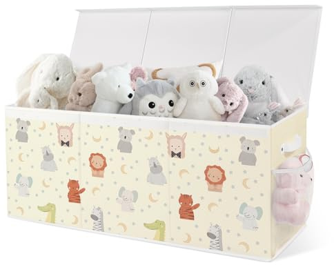 omedecal Large Toy Box Storage, Collapsible Toy Basket, Pastel Animals | Cute Kids Storage Boxes with Lids and Mesh Pocket for Clothes Book, Toy Chest Organizer for Bedroom Nursery, 95.5 x 32 x 40cm