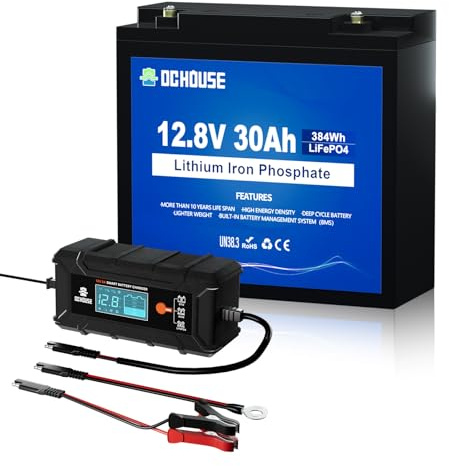 DCHOUSE 12V 30Ah LiFePO4 Lithium Battery Kit with DC Port & 12V 5A Charger | Mini BCI Group U1, 30A BMS, 5000+ Deep Cycles, Ideal for Fish Finder, Outdoor Backup Power, Kayak, Power Wheel Chair