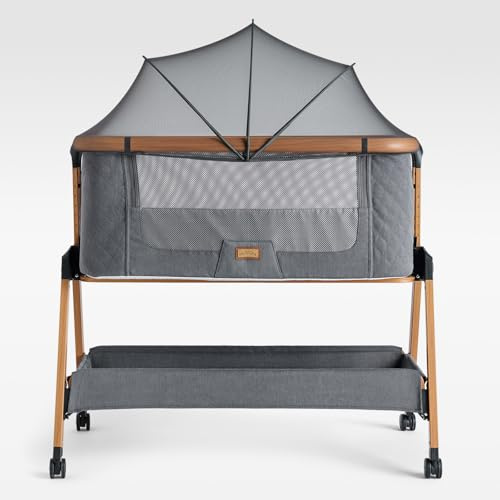SnooBee Babybett Beistellbett Baby & Co-Sleeper – Höhenverstellbares Babybett mit Matratze, Rollen mit Bremse, atmungsaktive Mesh-Seiten & Moskitonetz, faltbar mit Tragetasche (0–6 Monate)