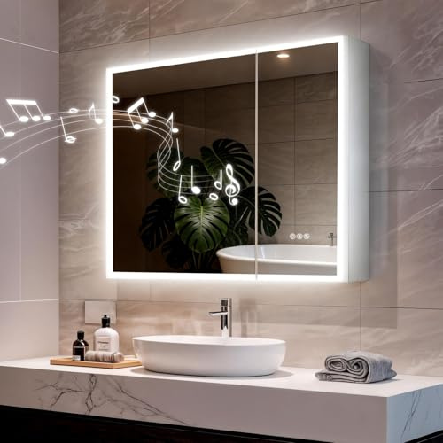 LUVODI Armoire Bluetooth de Salle de Bain avec Miroir: Luminosité Réglable, 3 Lumière Couleurs, Fonction Mémoire, Éclairage LED, Étagères Réglables, Installation Cachée, Meuble Pharmacie Mural 80x70cm