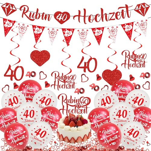 40 Rubin Hochzeits Deko Banner - 27 Pcs Rote Rubin Partyzubehör | Hochzeit Banners Wimpelkette Glitter Herze Hängende Ballons Tortendeko Herz Konfetti für 40 Anniversary Ruby Wedding Party