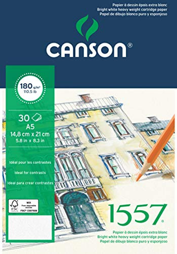 CANSON 1557® Zeichenpapier kopfgeleimt, DIN A5 - 14,8 x 21 cm, 30 Blatt, 180 g/m², leicht gekörnt