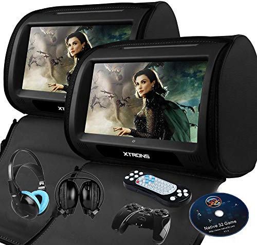 XTRONS 2 x Car Headrest DVD Player + Wireless HDMI TV Receiver, 9 Inch Car Monitor Backseat Pillow HD Digital Touch Buttons Audio Video Player w HDMI Input Supports 32Bit games RCA Output