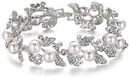 EVER FAITH® österreichisches Kristall künstliche Perle elegant Blätter Armband Klar Silber-Ton N01549-1