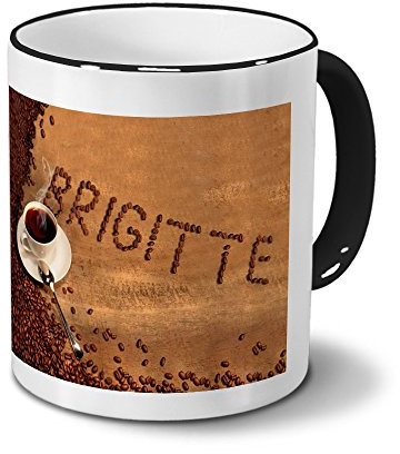 printplanet Tasse mit Namen Brigitte - Motiv Kaffeebohnen - Namenstasse, Kaffeebecher, Mug, Becher, Kaffeetasse - Farbe Schwarz