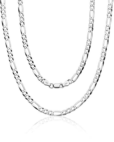 Aka Gioielli® - Herren Damen Halskette 925 Sterling Silber Rhodiniert - Flache Figarokette 5.2 mm - Längen: 70 cm