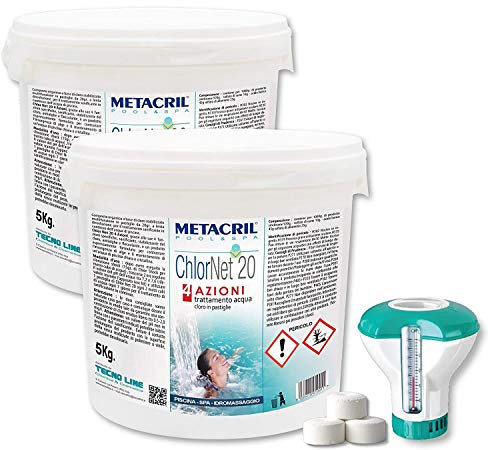 CHLOR Net 20 4 Azioni 10KG (5+5) + Dosatore Galleggiante - Metacril Cloro Piscina MULTIAZIONE in pastiglie da 20gr per Piscina e idromassaggio.Spedizione IMMEDIATA