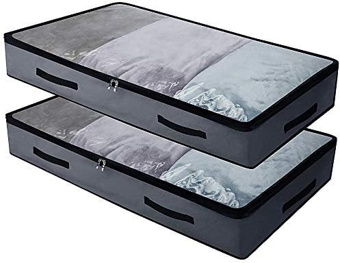 Amonsen 2 Pcs Shallow Soft Underbed Storage Bags with 14cm High & Clear Zippered Cover, Dustproof & Durable Material, Thin Under Bed Storage Organizer Bags