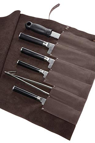 Rolltasche Kochmesser, Messerrolle, Messertasche, aus gewachstem Öko Rindleder, hergestellt in Deutschland, 6 Köcher, braun, von Wunschleder-Home