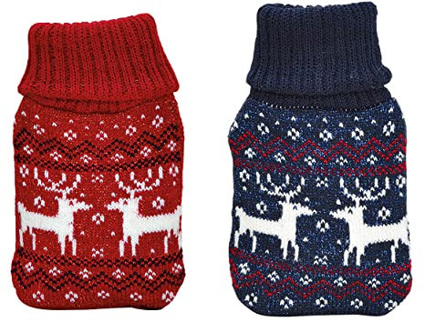 Taschenwärmer Elch mit Strickbezug, 2er Set rot/blau - Handwärmer wiederverwendbar, Wichtelgeschenk