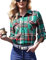 Enjoyoself Chemisier Carreaux Femme 100% Coton Chemise Bucheron Western Décontractée Classique Retro Ecossaise Coton Flanelle Blouse Gilet T Shirt Casual Vintage,Vert 3,XXL