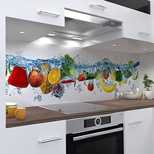 OneWheel, selbstklebende Küchenrückwand, 60x60 cm harte PVC Folie, Wandtattoo für Fliesenspiegel Design Obst Weiss, Motiv: Veggiesplash