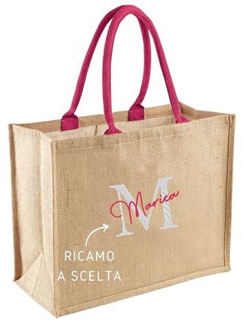 MAYRA Borsa Personalizzabile in Juta Laminata | Tote Bag Shopper per Mare, Spesa, Multiuso | Pochette in Iuta Naturale | Personalizzato con Ricamo Nome, Logo | Design Made in Italy (M, Fucsia)