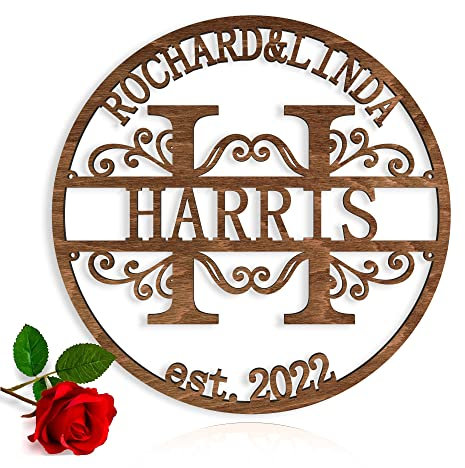 Personnalisé Signe Nom pour mur decoration, 2 prénoms et année, Cadeau pour les couples Nom de Famille en Bois, panneau Monogramme Lettre Initiale Cadeau de mariage Anniversaire Plaque de nom de porte