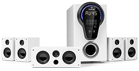 Auna Areal 525 DG - Surround Sound System 5.1, Home Theater 5.1, Potenza: 125 Watt RMS, Subwoofer da 25, 4 x Satelliti, 1 x Centrale, Bluetooth, USB/SD, Ingresso AUX, Bianco