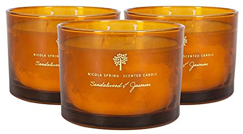 Nicola Spring Sandalwood & Jasmine Scented Candle - 350g - Pack of 3-38 Hour Burning Time Natural Soy Wax Double Wick Candles Relaxing Fragrance Aromatherapy Gift Set