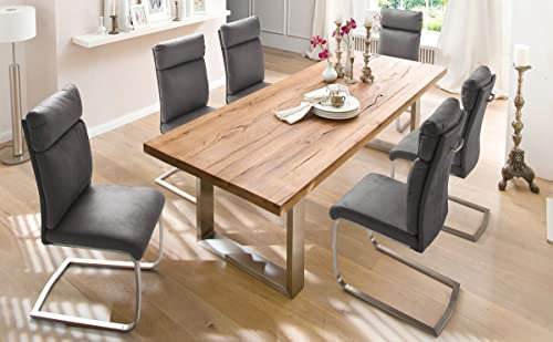 expendio Essgruppe Carson Eiche Bassano massiv 180x76x100 cm + Schwingstühle Ruby Antiklook grau Tischgruppe Esszimmer, Anzahl Stühle:mit 6 Stühlen