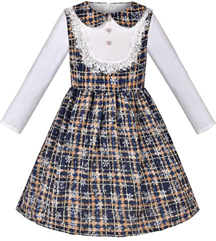 Sunny Fashion Mädchen Kleid Weihnachten Neujahr Schnee Flocke Plaid Perlenknopf Tweed Gr. 110