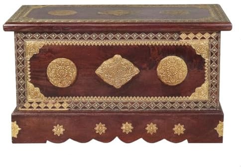 Oriental Galerie Schatztruhe Truhe mit Deckel Kiste Box Aufbewahrung Holztruhe mit Messing Indien Holz Massiv Antik 80cm