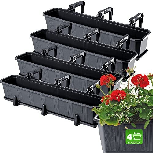 KADAX Fioriere Rettangolari per Ringhiere da Esterno, Vasi per Piante da Balcone in Plastica con Sottovasi e Portavasi (Grafite, Set di 4: 80 cm)