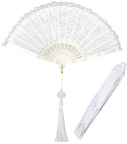Hand Fan, J Lace White Fan Lace Hand Fans Wedding Fan Bridal Fan White Hand Fans with Silk Gift Bag Folding Fan Dance Fan Folding Fans (White)