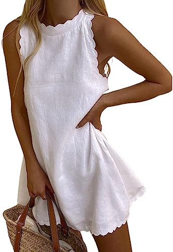 Women Sleeveless Tank Dress Linen Solid Halter Scallop Casual Mini Dress Back Zipper Summer Beach Dress Sundress (A-White, L)