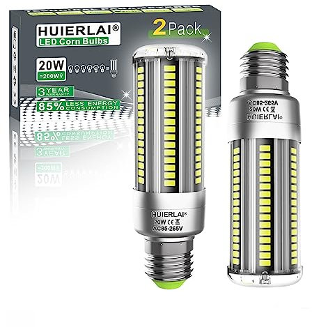 HUIERLAI Ampoule LED E27 20W (Équivalent Halogène 200W), Blanc Froid 6000K, 2500 Lumen, Non-dimmable, Gros culot à vis E27 maïs LED, Lot de 2