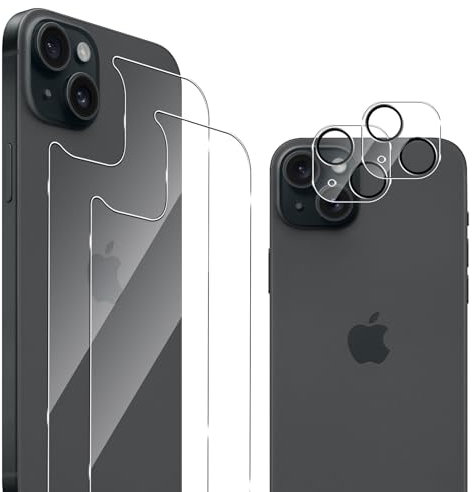 Pkila Compatible with iPhone 15 Back Screen Protector Tempered Glass,Camera Lens Protector [2+2 Pack][9H Hardness][Bubble-Free][Anti-Scratch] Back Film for iPhone 15[Compatible with Case]
