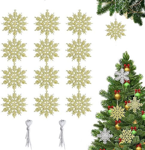 12 Stück Schneeflocken Weihnachten Deko Weihnachtsbaumschmuck Schneeflockendeko für Weihnachtsbaum Glitzer Christbaumschmuck Gold
