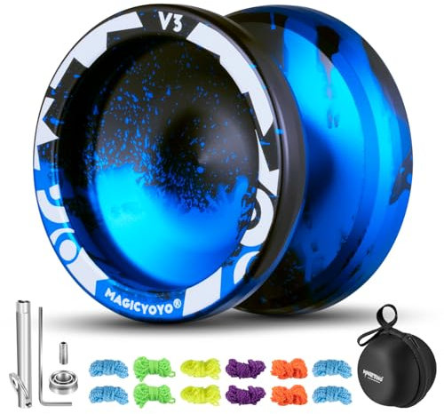 MAGICYOYO Professionelles JoJo V3 Reaktionsfähiges Yoyo für Kinder, Dual Purpose Yo Yo mit Nicht reagierendem Jo-Jo-Modus, Metall YoYo mit JoJo-Lagersatz + 12 Yoyo Schnüre + Tasche (Schwarz Blau)