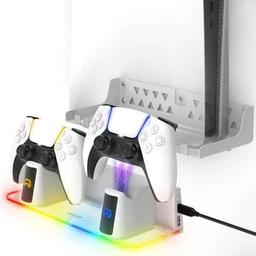 Fosmon PS5-Wandhalterungsset mit Ladestation, massives Metall mit starken Ankern, abnehmbare Dual-Controller-Ladegeräte mit RGB-LED-Licht für PlayStation 5 und PS5 Slim (Disc & Digital Edition) – Weiß