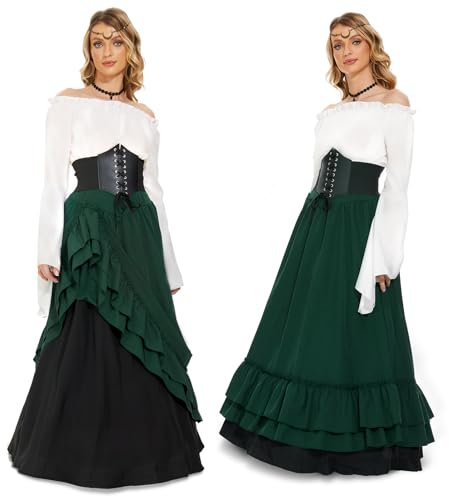 JONRRYIN Mittelalter Kostüm für Damen, Renaissance Viktorianisches Kleid, Mittelalter Kleidung Accessoires mit Ausgestellten Ärmeln und Hoher Taille, Gothic Retro Kleid Karneval Halloween (Grün, S)